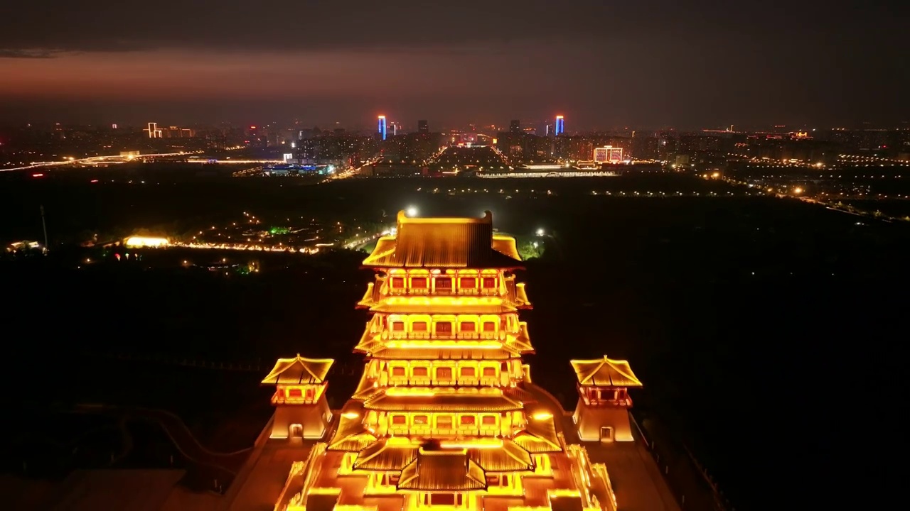 洛阳古都古建筑城市夜景航拍视频素材