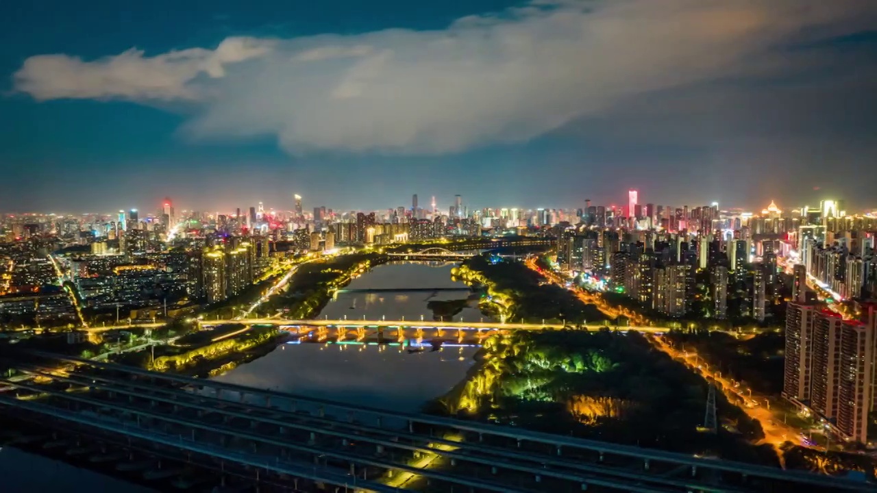 辽宁沈阳浑河胜利桥火车高铁城市夜景航拍视频素材