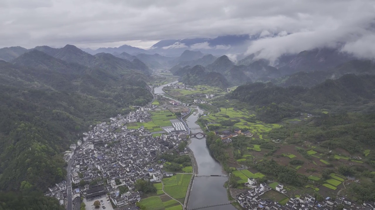 航拍安徽皖南民居，龙川景区，仁里古镇视频素材