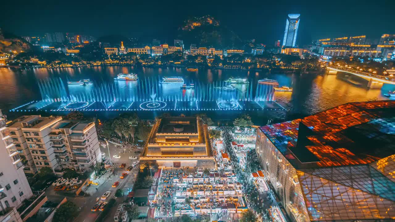 柳州风情港美食街与柳江喷泉夜景延时摄影视频素材