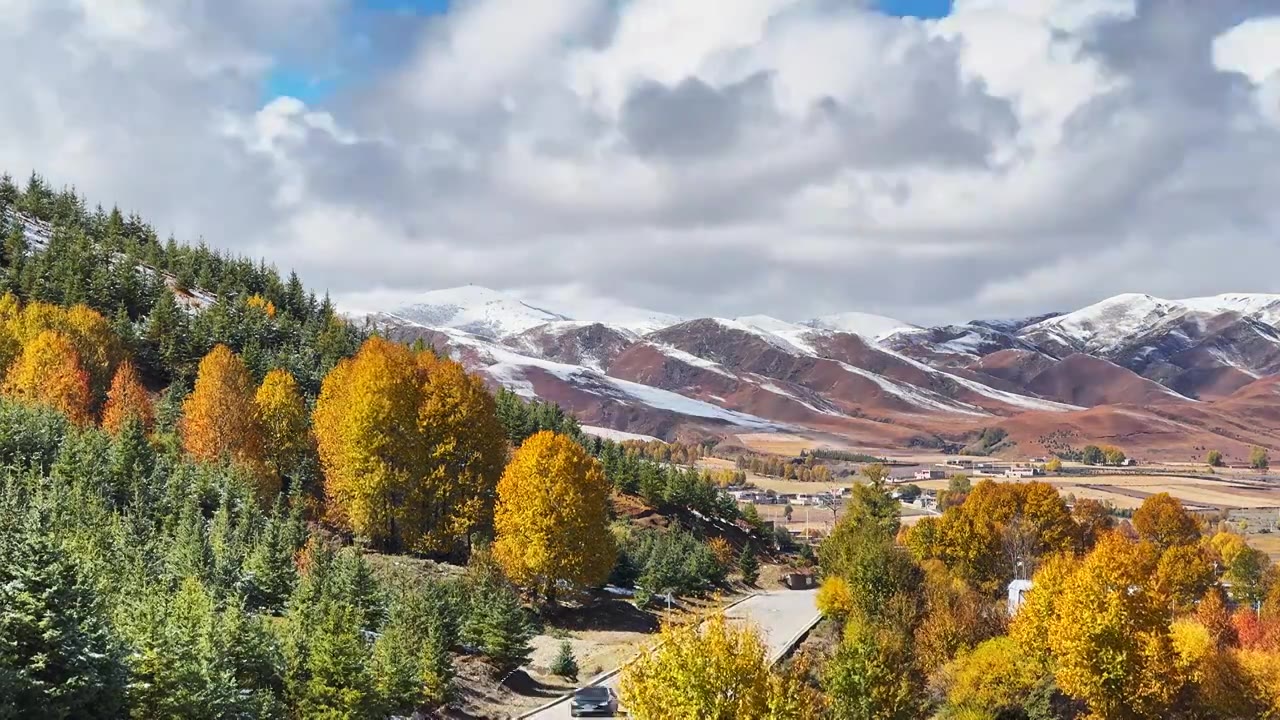 秋天 秋季 川西  彩林 雪山 蓝天 白云 延时摄影视频素材