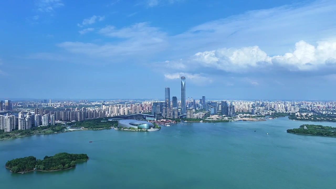 航拍苏州金鸡湖湖东现代城市风光视频下载