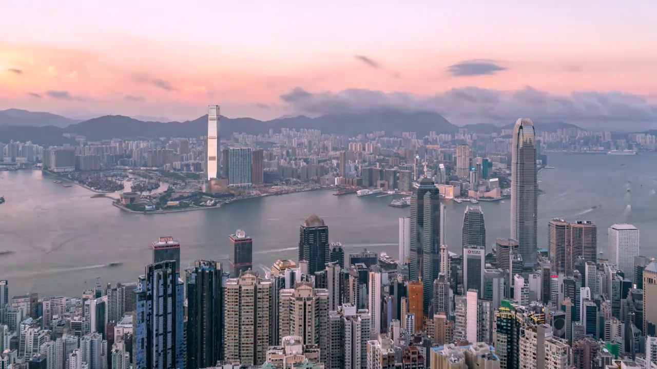 4k延时拍摄 黄昏下的香港海港城市全景视频素材