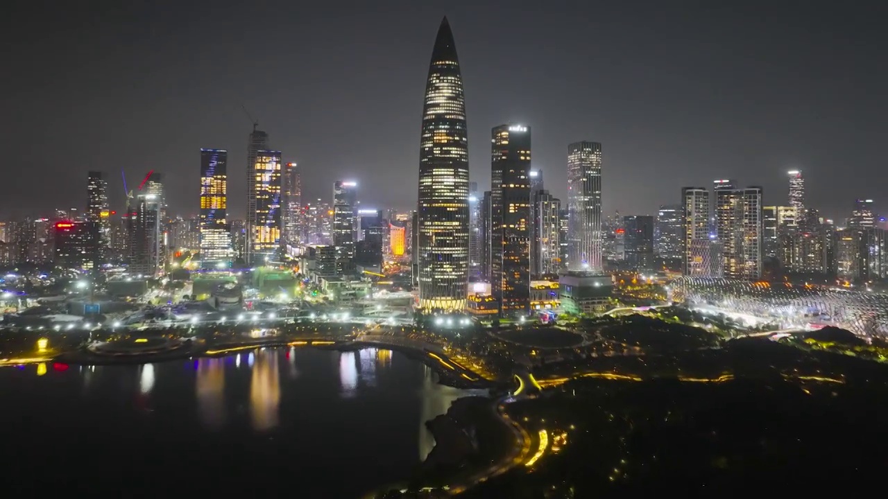 广东省深圳市南山区深圳湾一号华润大厦人才公园夜景航拍延时摄影视频素材