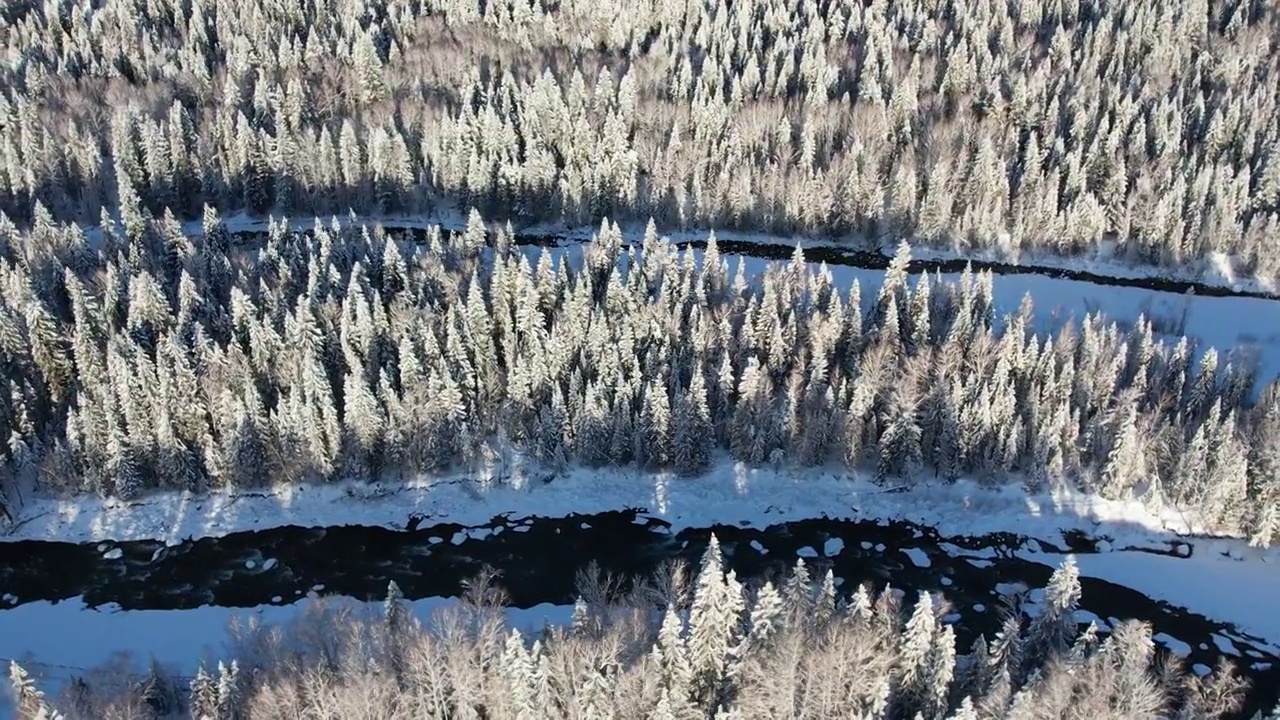 中国新疆阿勒泰禾木冬季雪景航拍视频素材