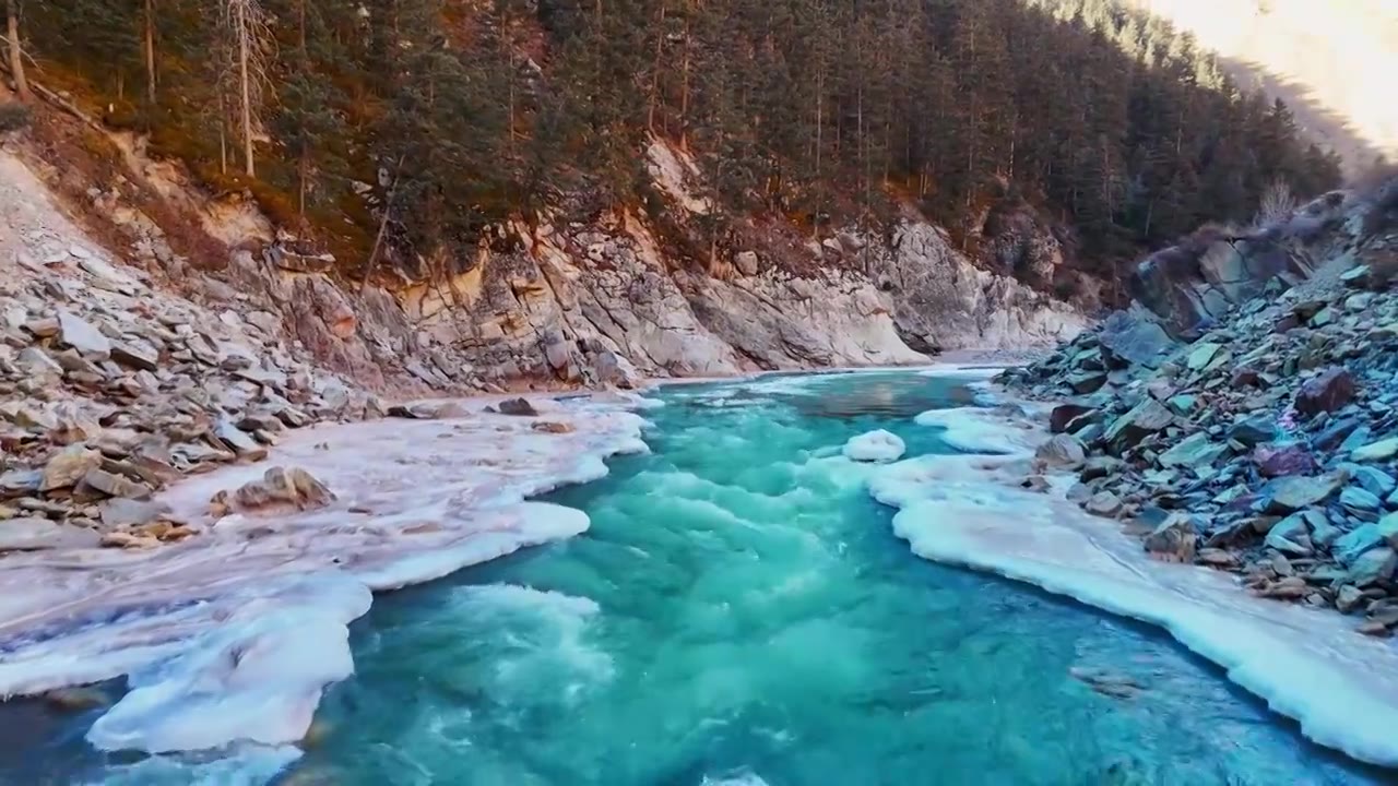 祁连山冬季河谷激流浮冰视频购买