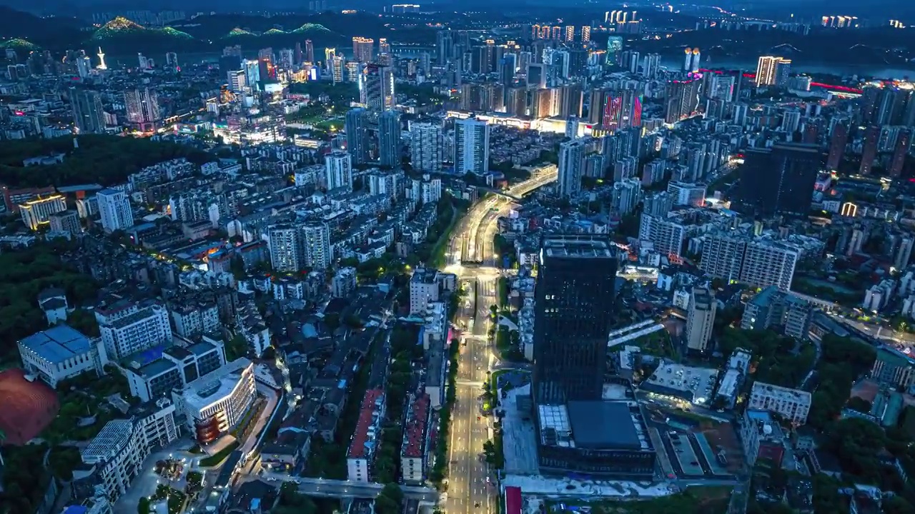 宜昌市西陵二路城区夜景蓝调航拍延时摄影视频素材