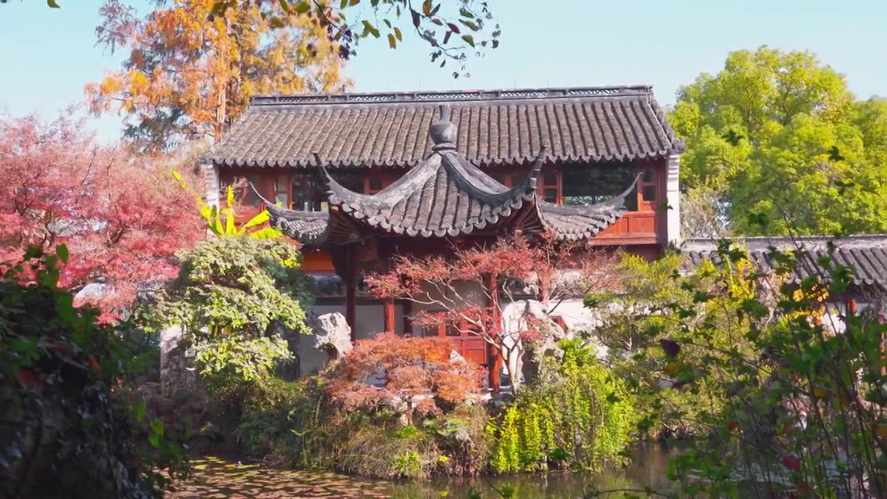 浙江杭州西湖郭庄传统江南古典园林秋天风景视频素材