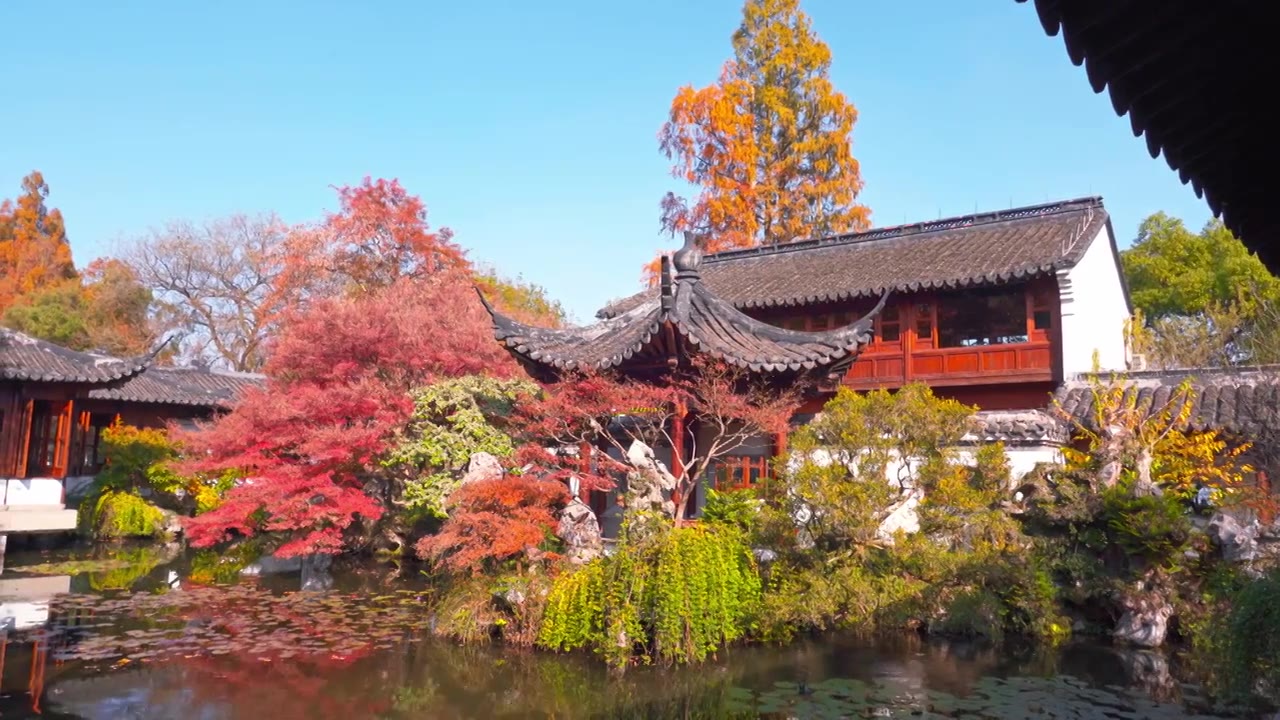 浙江杭州西湖郭庄传统江南古典园林秋天风景视频素材