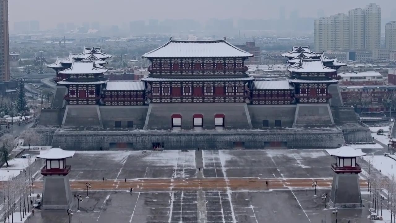 航拍隋唐洛阳城应天门雪景视频素材