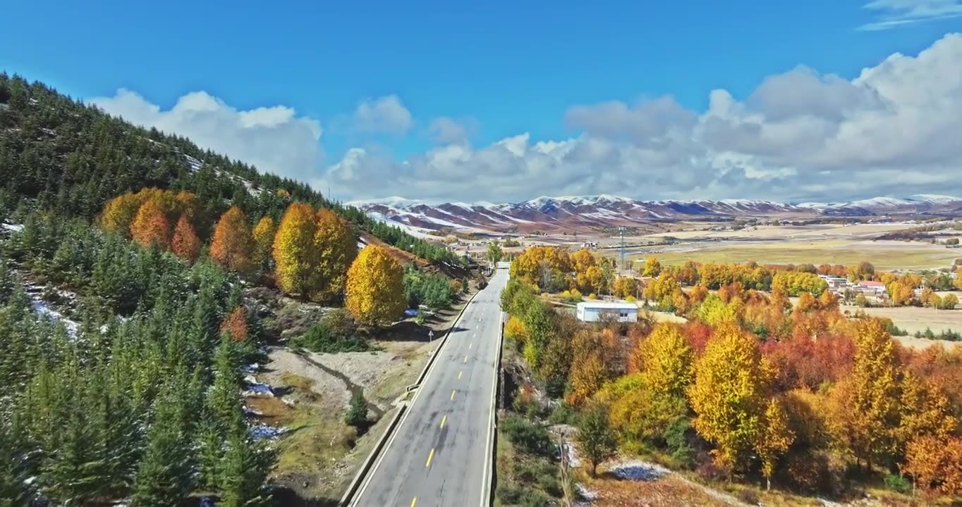 秋季 川西 雪山 高山 草原 牧场 村庄 建筑 蓝天 白云视频素材