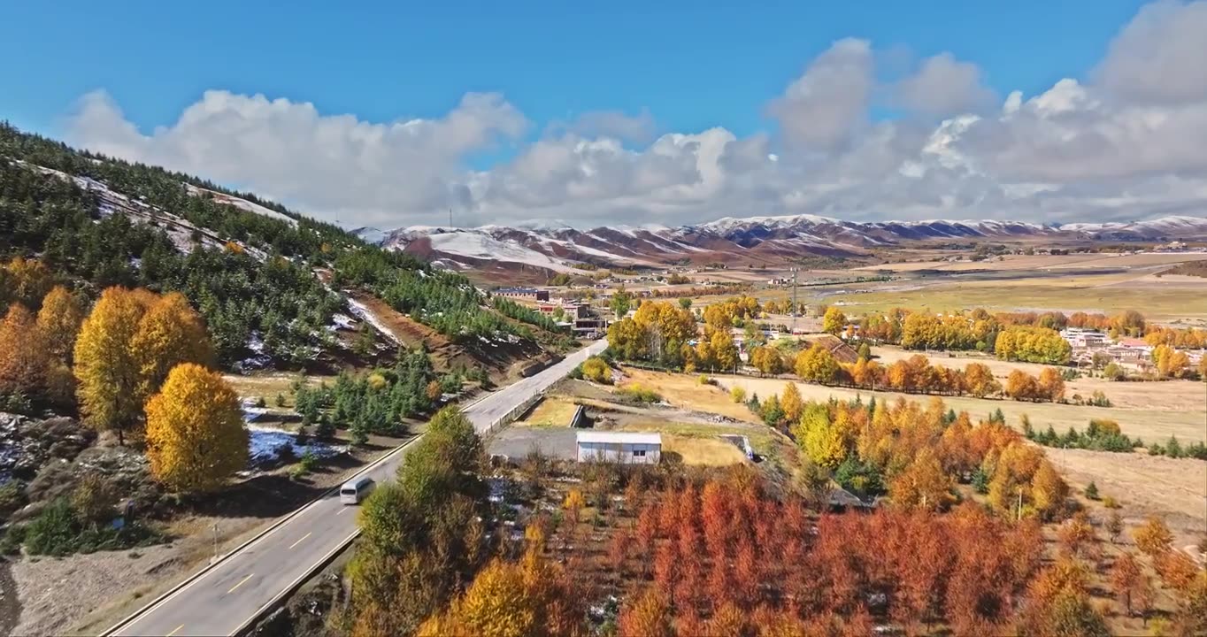 秋季 川西 雪山 高山 草原 牧场 村庄 建筑 蓝天 白云视频素材