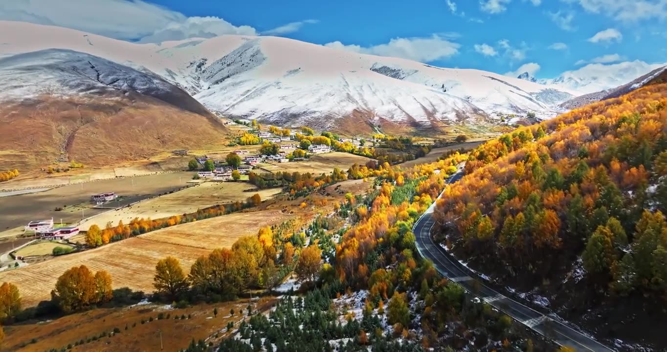 秋季 川西 雪山 高山 草原 牧场 村庄 建筑 蓝天 白云视频素材