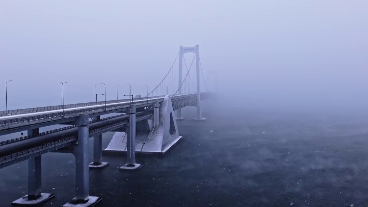 4K 航拍 雪中的大连星海湾大桥和海浩视频下载