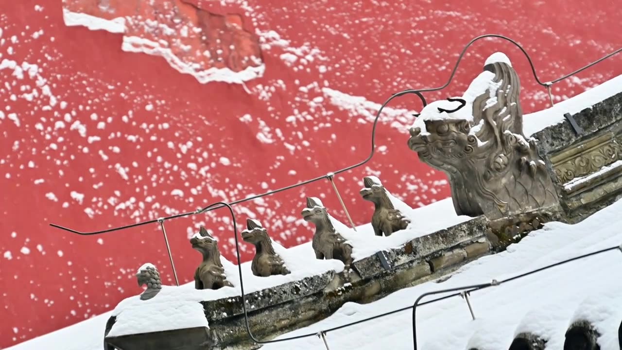 北京冬季大雪纷飞的故宫颐和园中式建筑视频素材