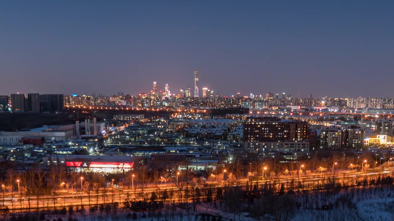 北京国贸CBD雪后夜景延时摄影视频素材