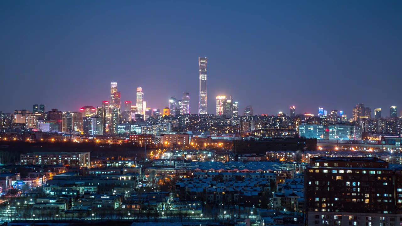 北京国贸CBD雪后夜景延时摄影视频素材