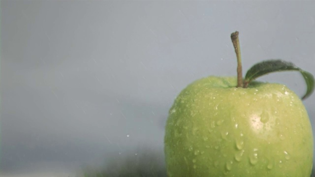 水滴落在青苹果上慢镜头，在灰色背景下视频素材