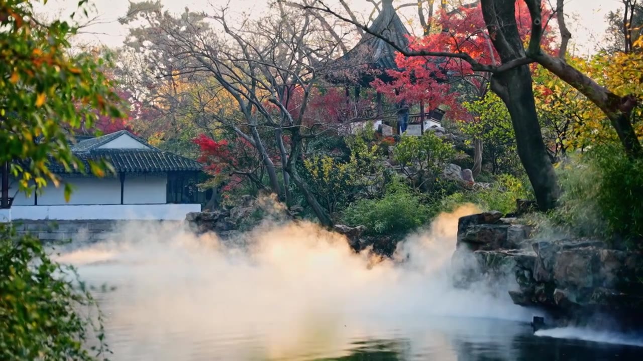 苏州拙政园秋天光影红枫视频素材