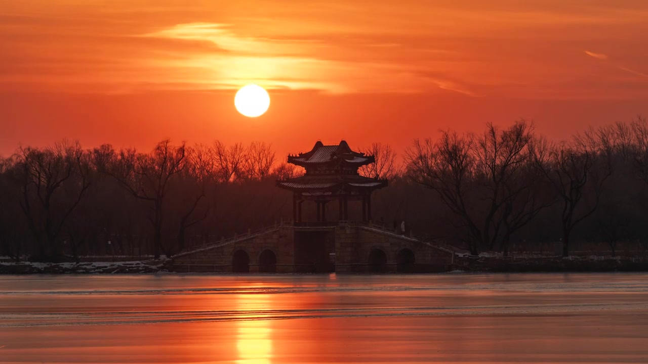 冬季北京颐和园傍晚夕阳晚霞延时视频素材