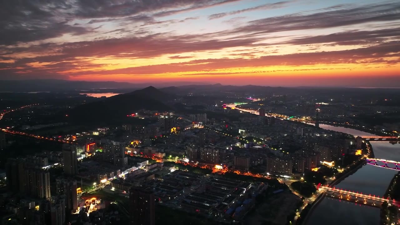 4K河南信阳浉河日落晚霞夜景航拍视频素材