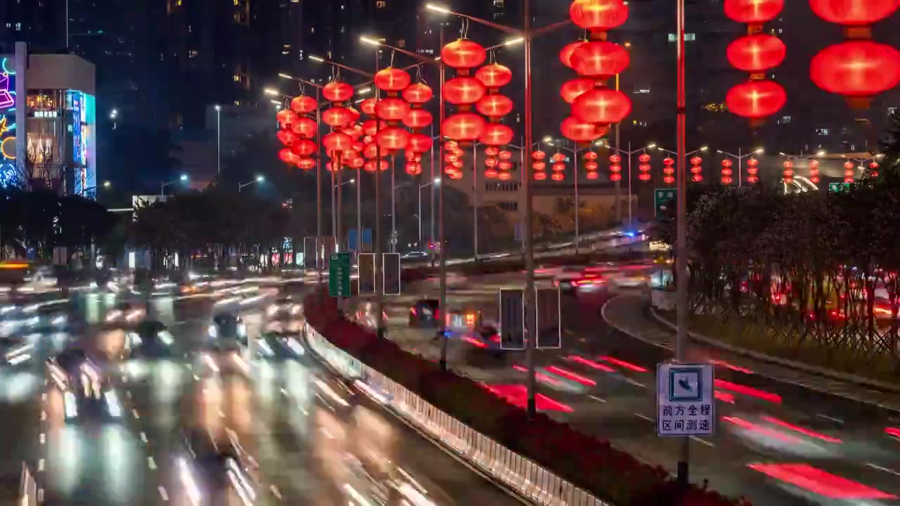 深圳滨河大道春节灯笼夜景车轨延时素材三段视频素材