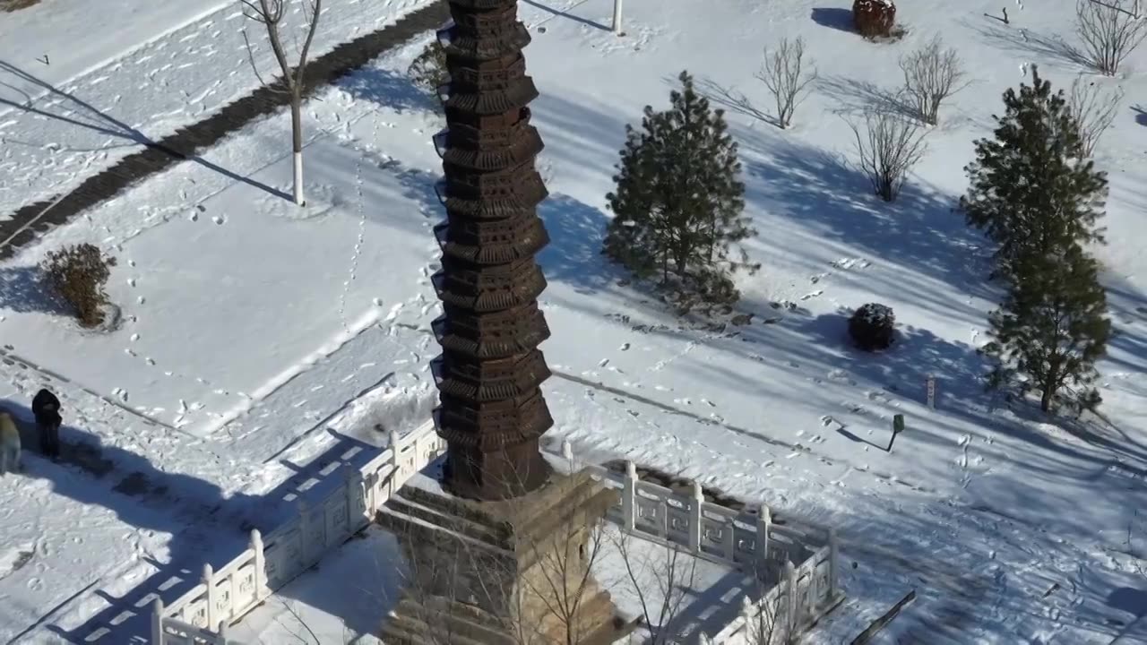 雪后的聊城铁塔与护国隆兴寺+山东省聊城市东昌府区东昌湖风景区视频下载