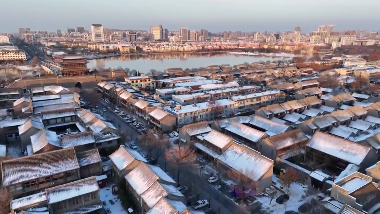 雪后的东昌湖聊城水上古城+山东省聊城市东昌府区东昌湖风景区视频下载