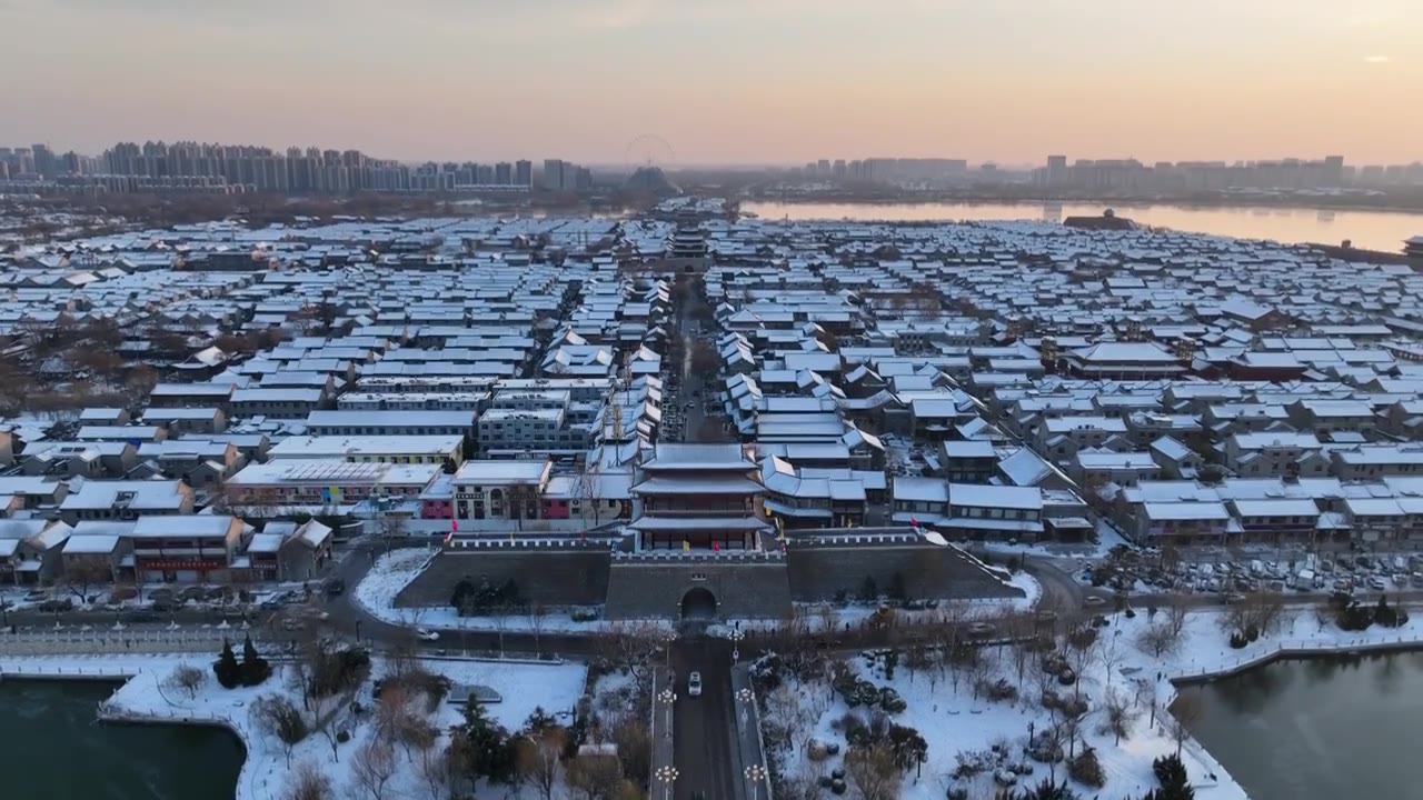 雪后的东昌湖聊城水上古城+山东省聊城市东昌府区东昌湖风景区视频下载