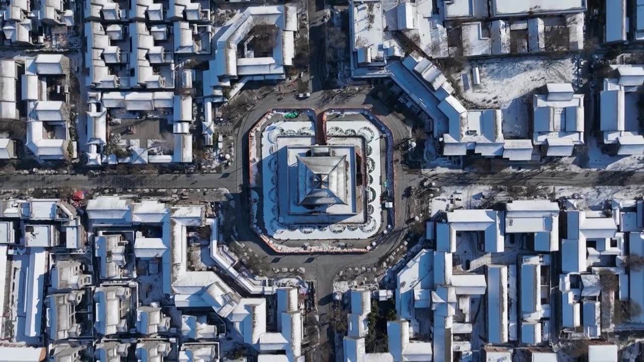 雪后的聊城水上古城光岳楼+山东省聊城市东昌府区东昌湖风景区视频素材