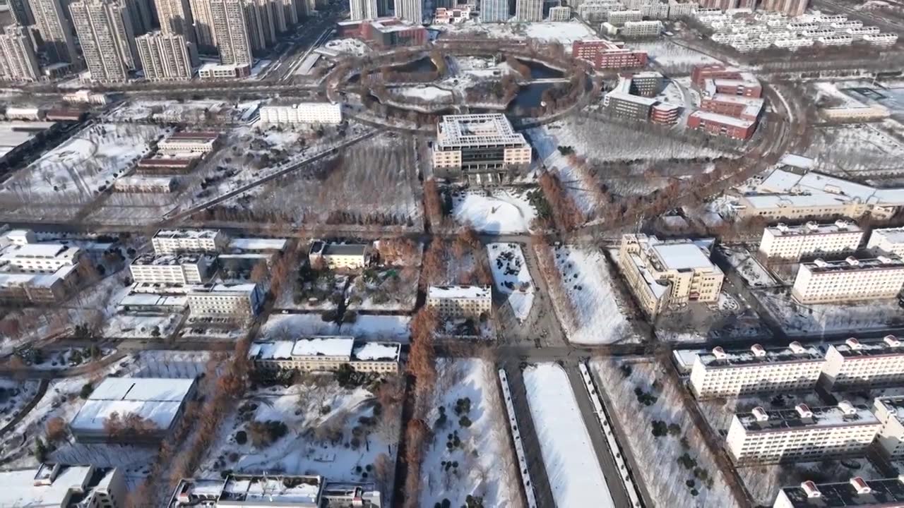 雪后的聊城大学东校区与聊城大学植物园+山东省聊城市东昌府区视频素材