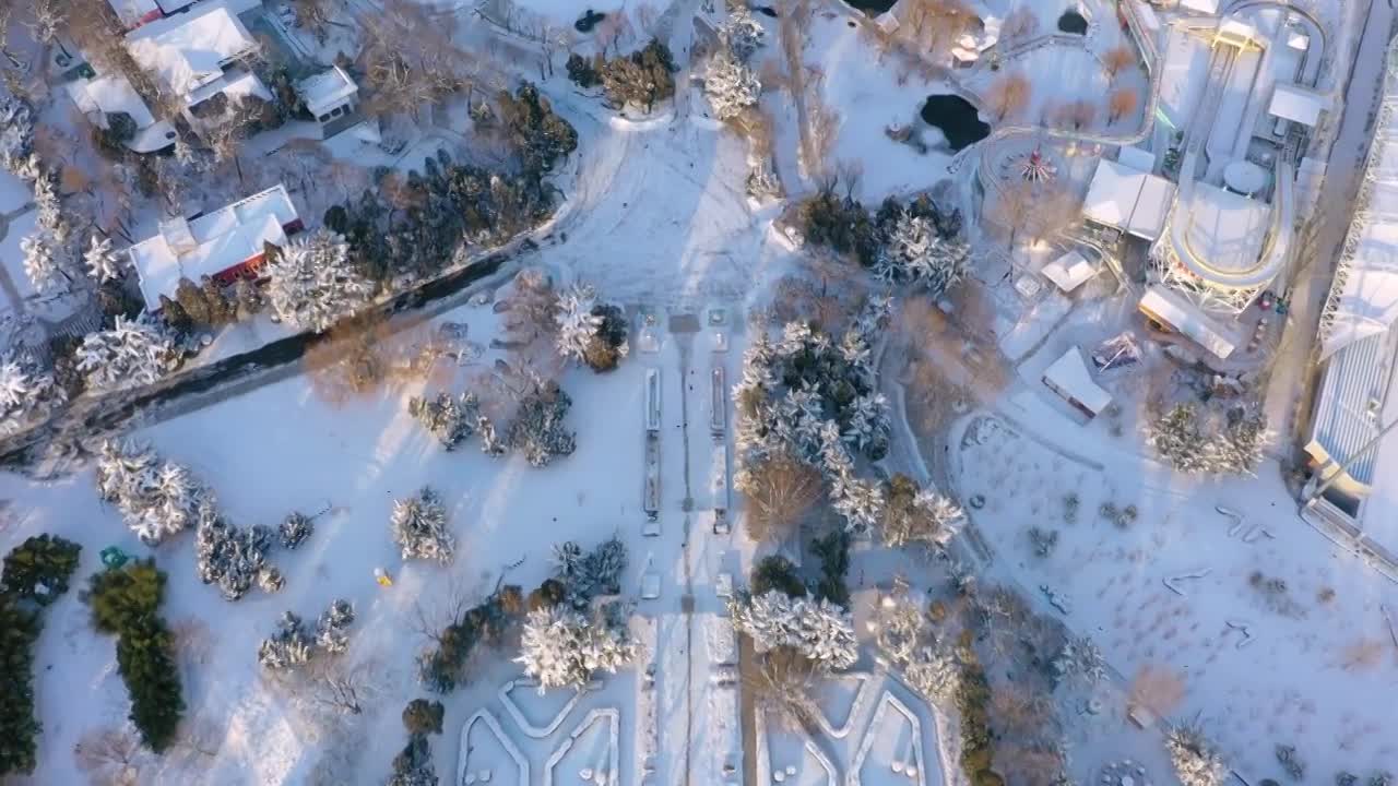 大连城市冬季雪景航拍蓝天白云视频素材