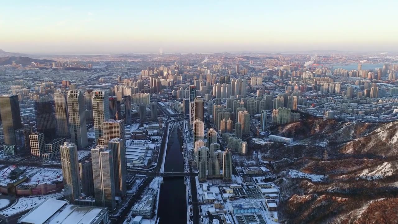 大连城市冬季雪景航拍视频下载