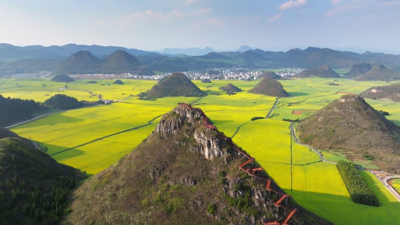 春天云南曲靖罗平油菜花观景台金鸡峰丛视频素材