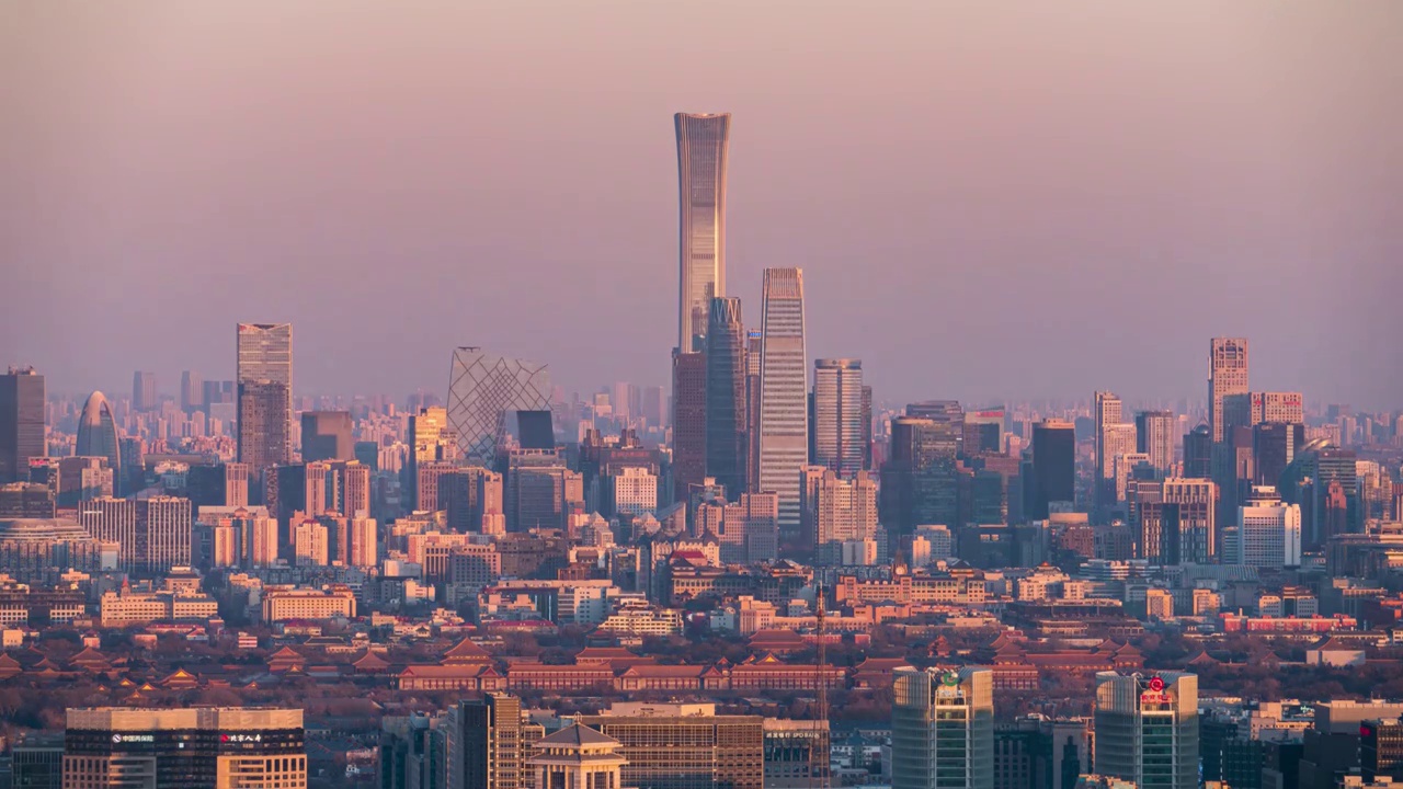 夕阳中的国贸建筑群与故宫视频素材