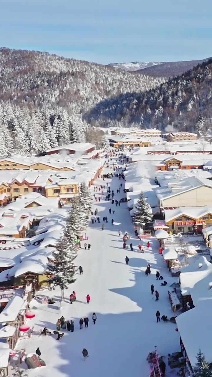 积雪覆盖的村庄，中国雪乡的航拍视角，雪乡的木屋与雪景视频素材