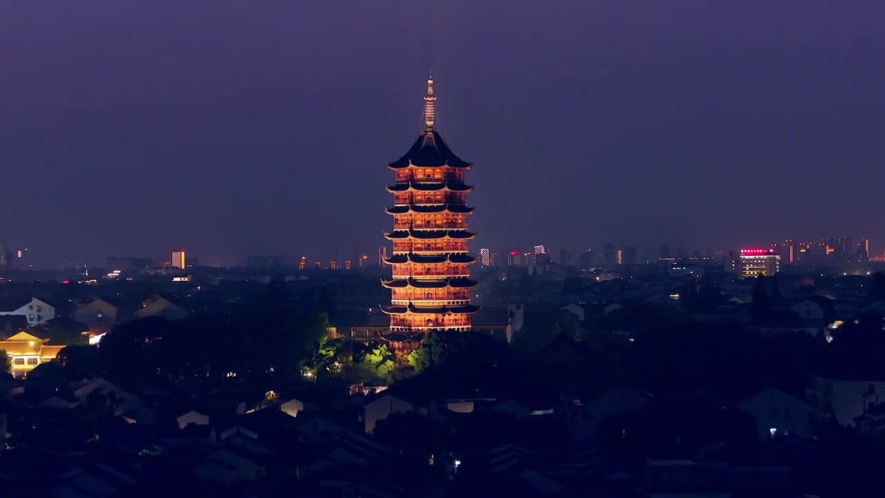 航拍苏州北寺塔报恩寺夜景风光视频下载