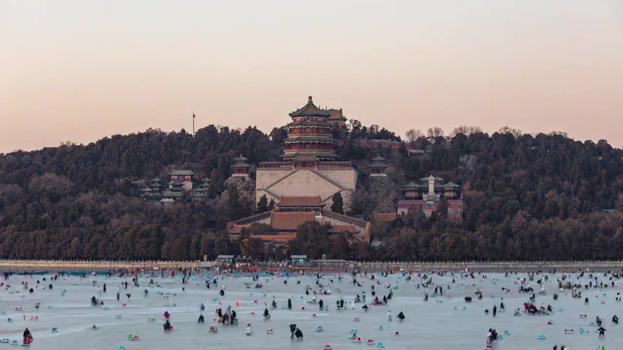 北京颐和园佛香阁夕阳夜景灯光日转夜延时摄影视频下载