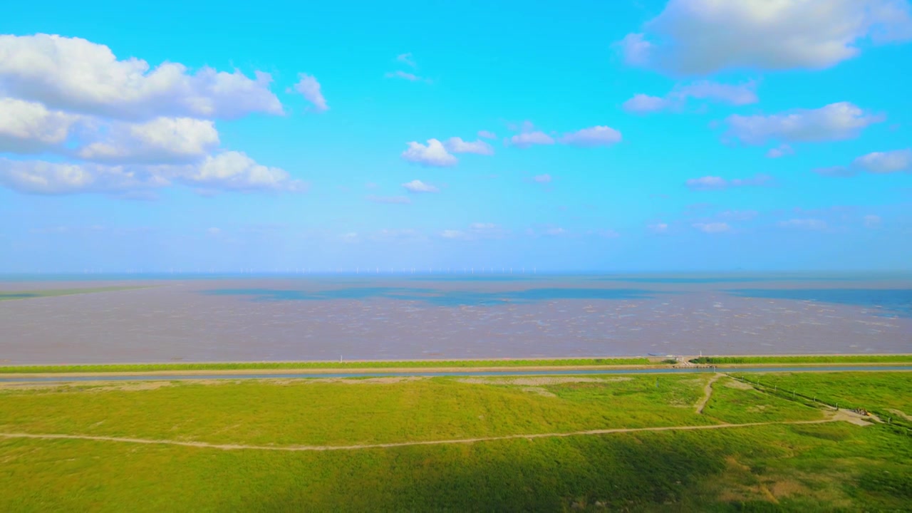 上海滴水湖南汇嘴观海公园草地全景航拍视频素材