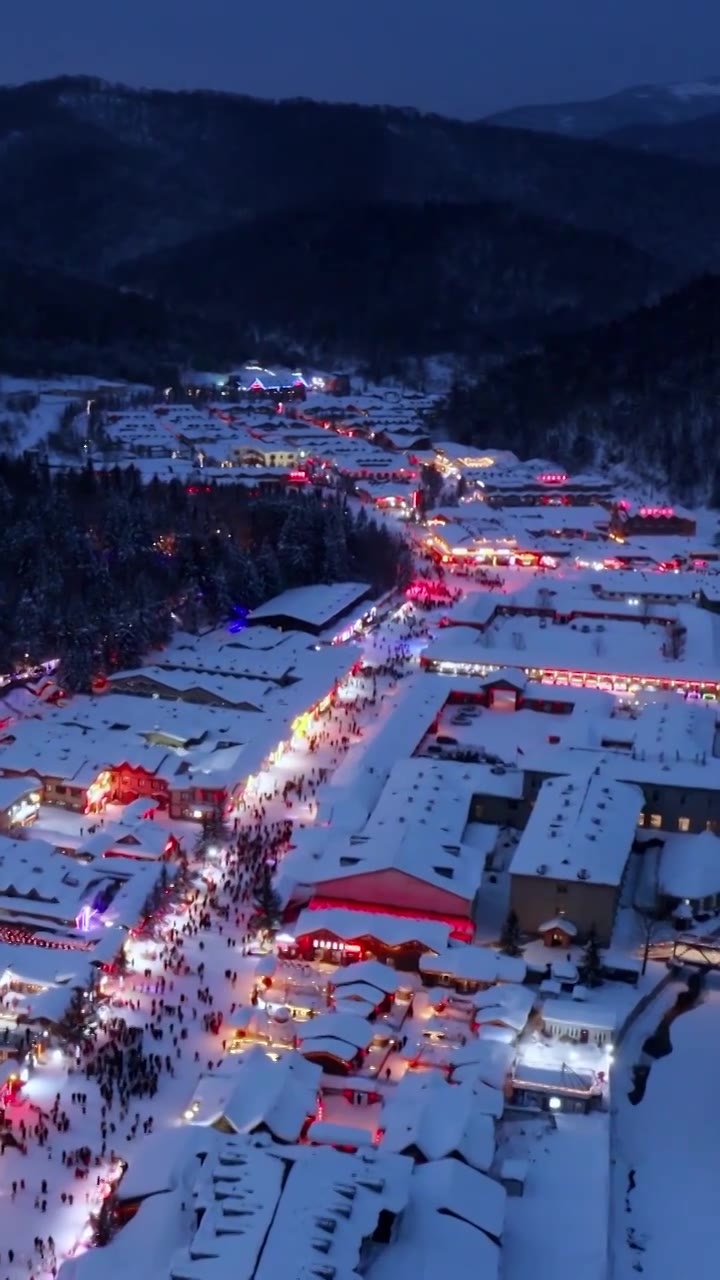 雪乡夜景，夜晚灯火辉煌的中国雪乡，双峰林场夜晚的景观，童话般的冰雪世界视频素材