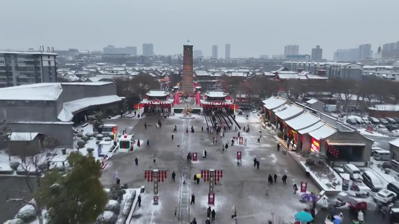 雪后洛阳洛邑古城航拍视频素材