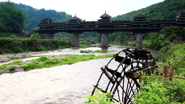 三江程阳桥水车视频素材