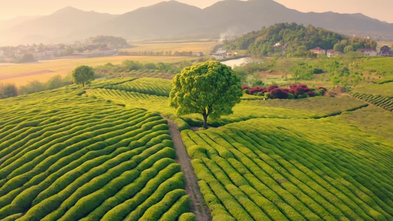 绍兴三界茶园孤独的树日落黄昏视频下载