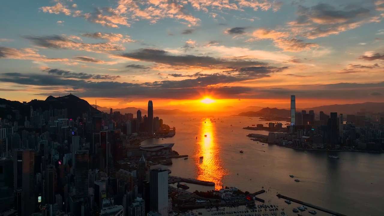 航拍香港维多利亚港日落晚霞视频素材