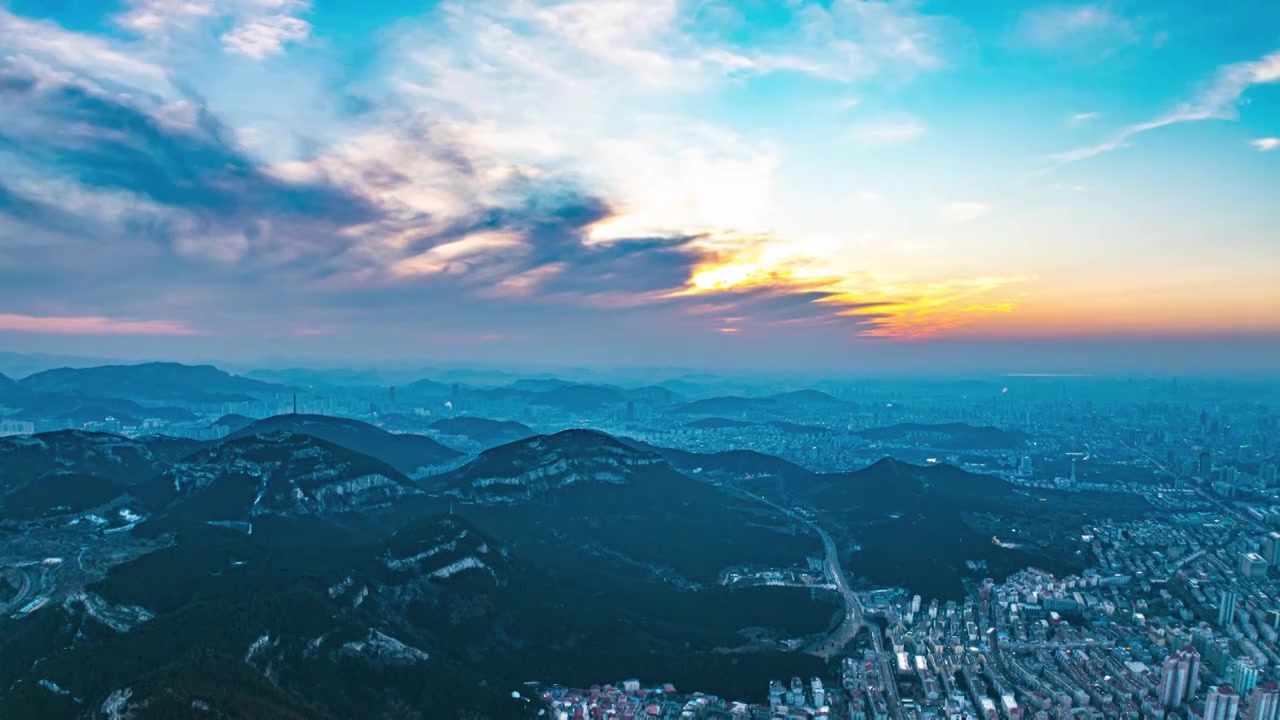 济南市区航拍延时夕阳视频素材