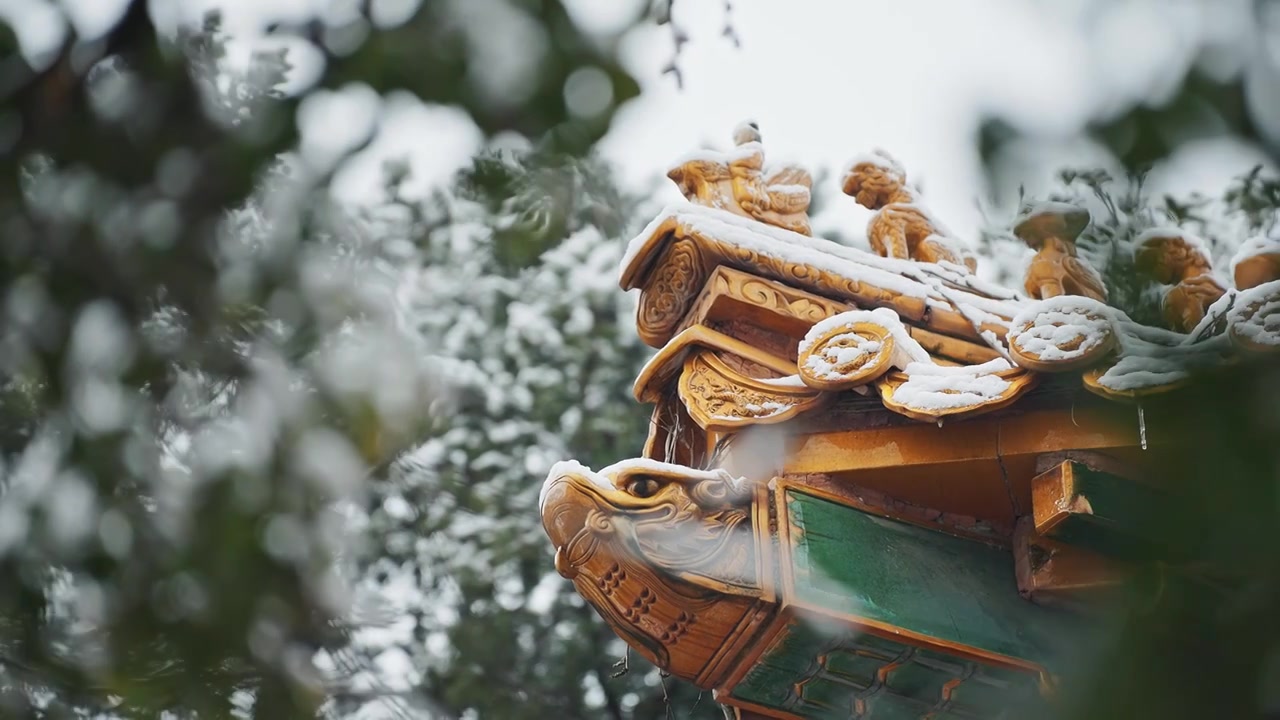 雪后明孝陵宫殿精美屋檐视频素材