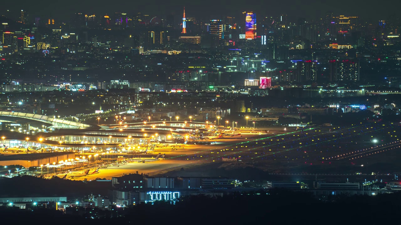 8K广州市花都白云机场繁忙夜景视频素材