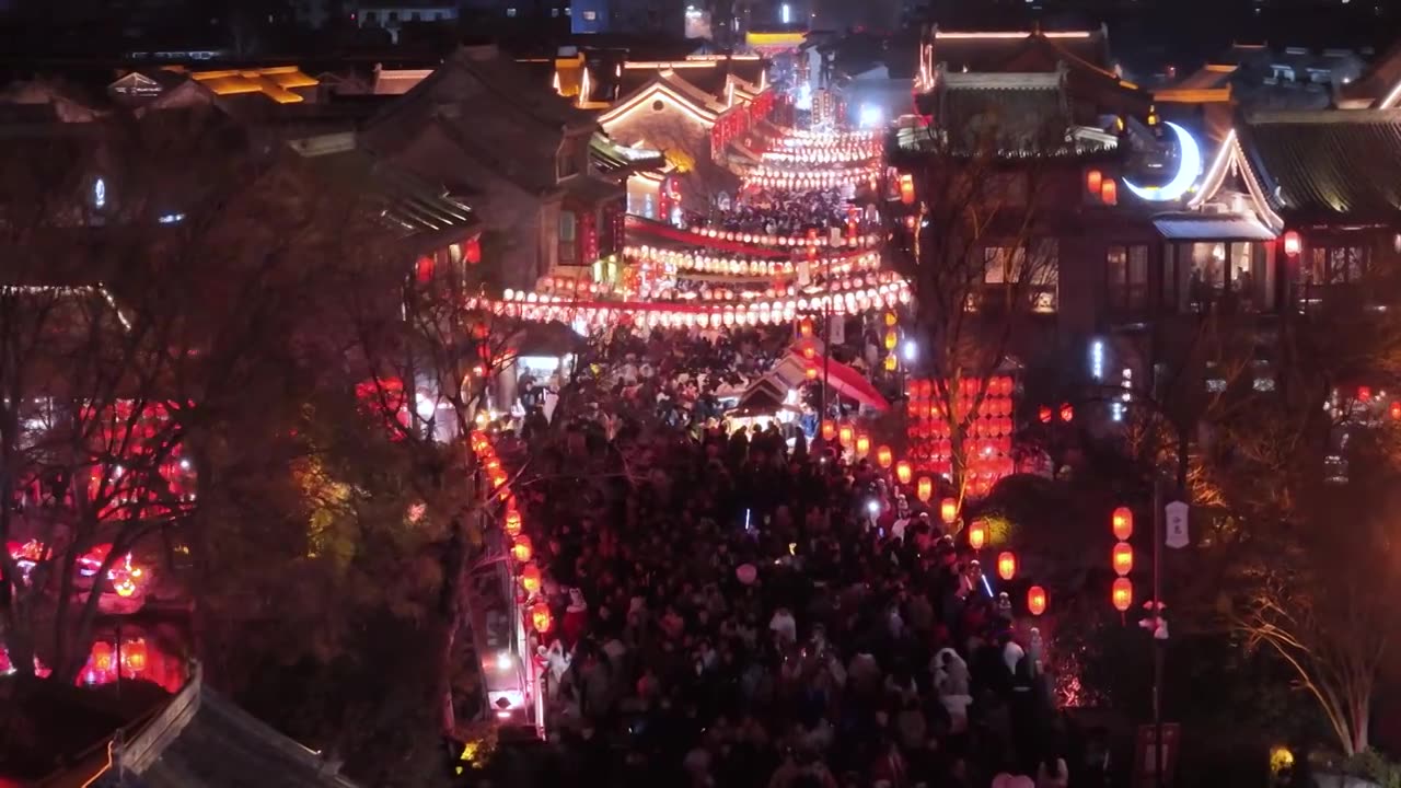 洛阳洛邑古城人山人海夜景航拍视频素材