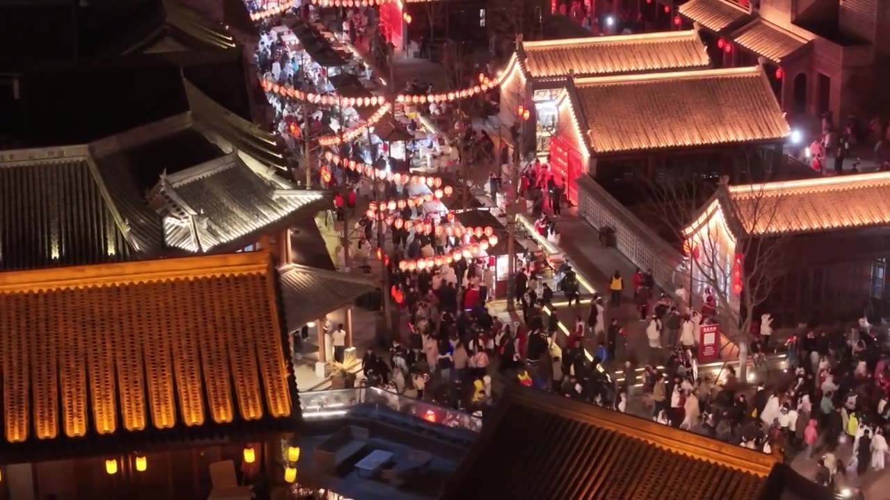 洛阳洛邑古城人山人海夜景航拍视频素材