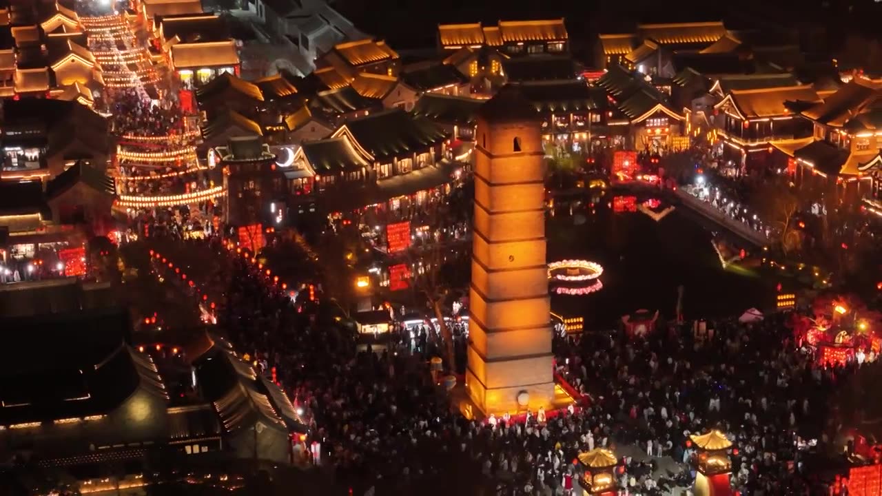 洛阳洛邑古城人山人海夜景航拍视频素材